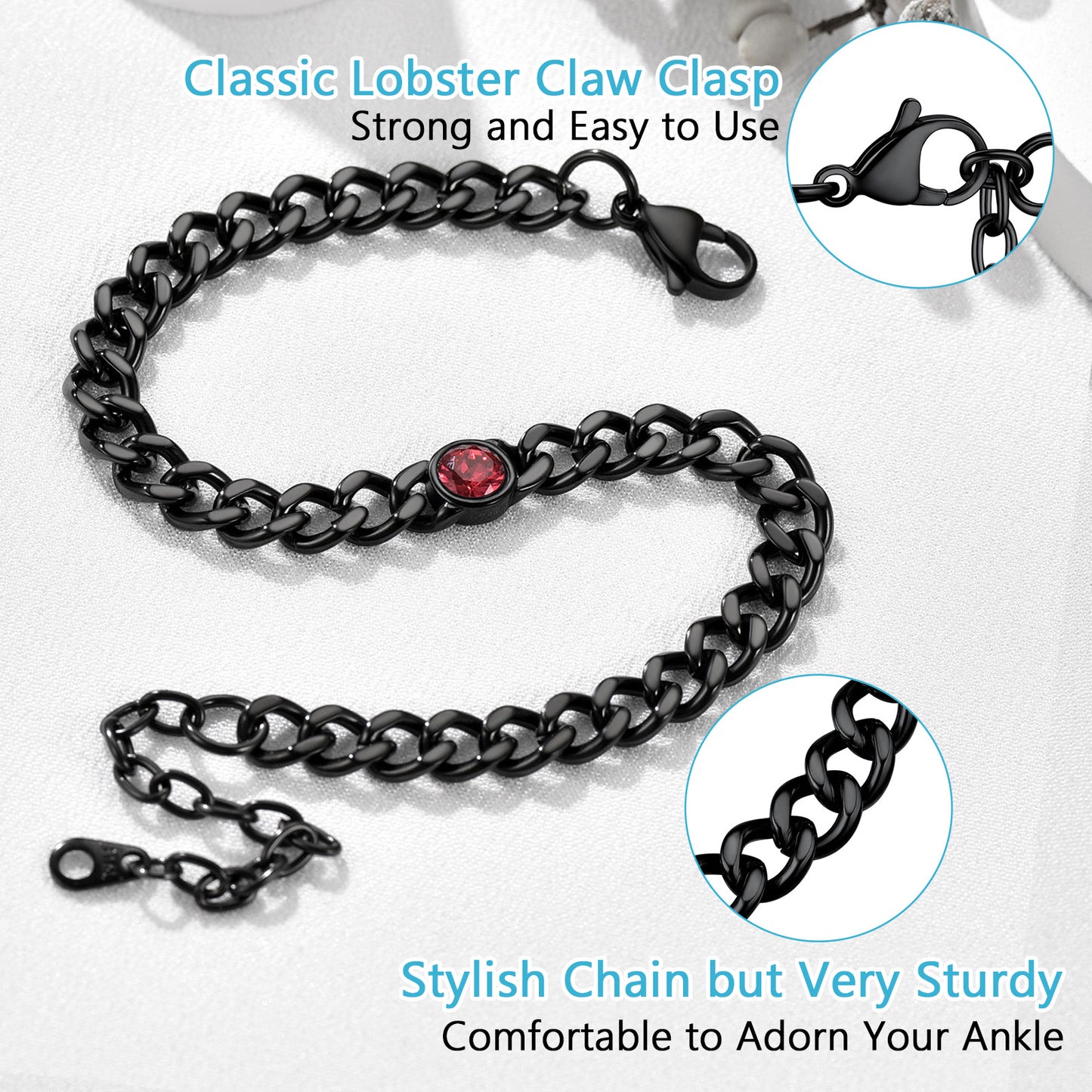 Black Cuban Link Birthstone Anklet Summer Beach Jewelry for Wome