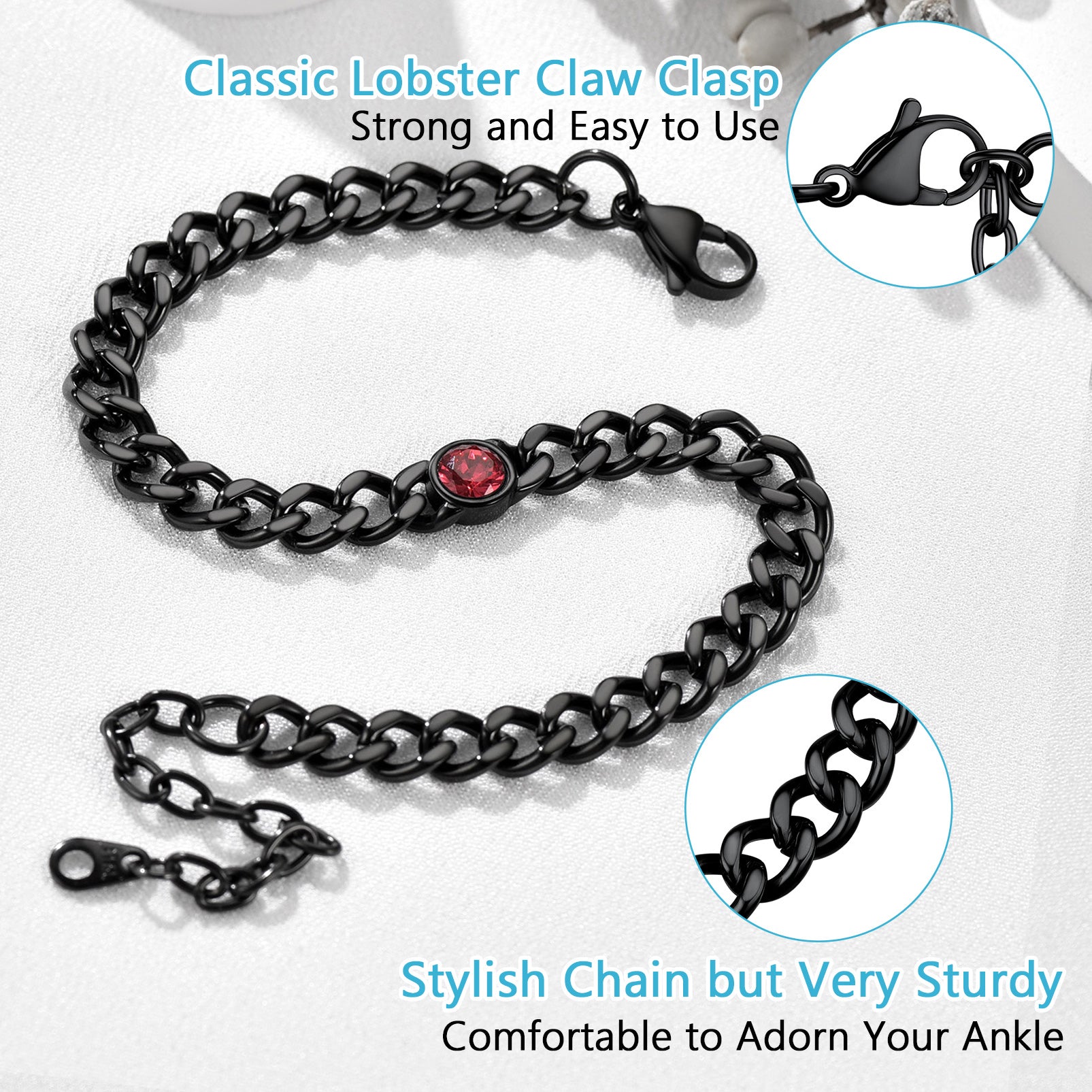 Black Cuban Link Birthstone Anklet Summer Beach Jewelry for Wome