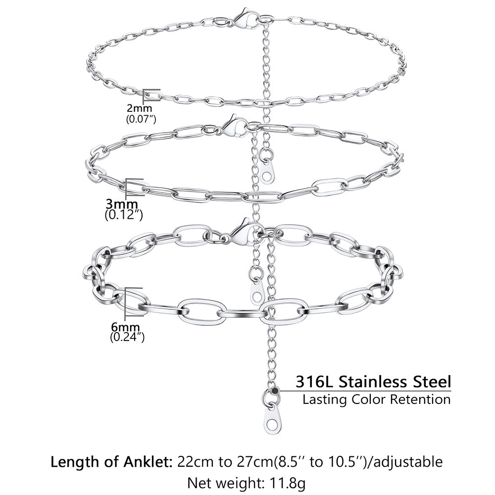 Paperclip anklet size chart showing 2mm, 3mm, and 6mm widths