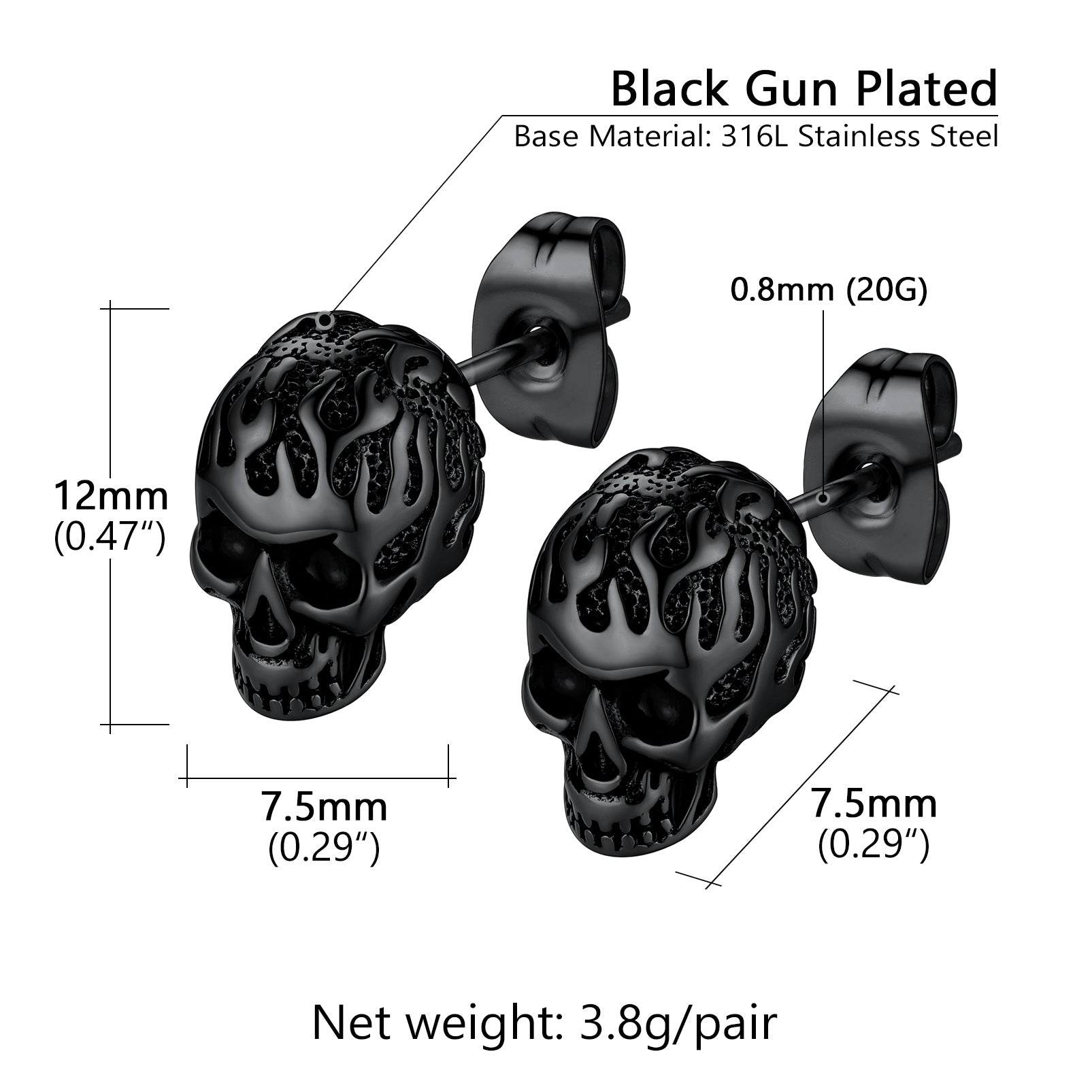 Black Skull Stud Earrings with Dimensions