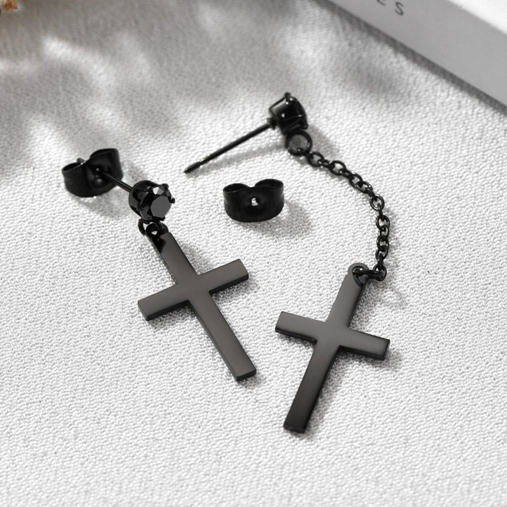 Black stainless steel cross stud earrings, for men or women