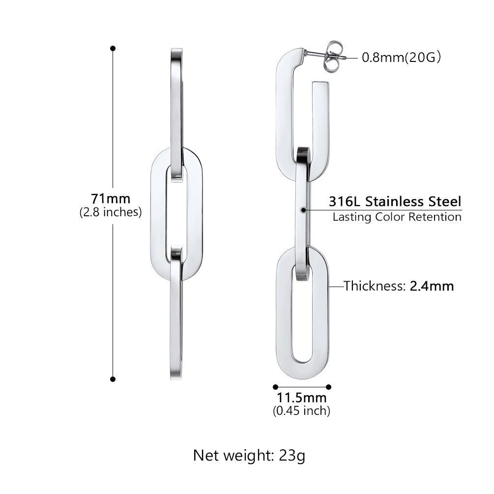 Stainless steel earrings with measurements and material details on a white background