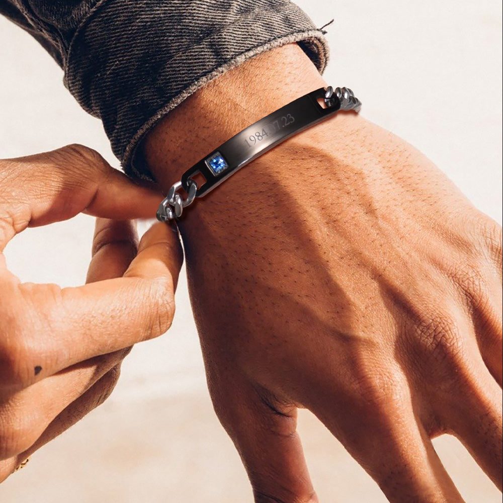 Man Wearing Engraved Chain Bracelet with Streetwear Style