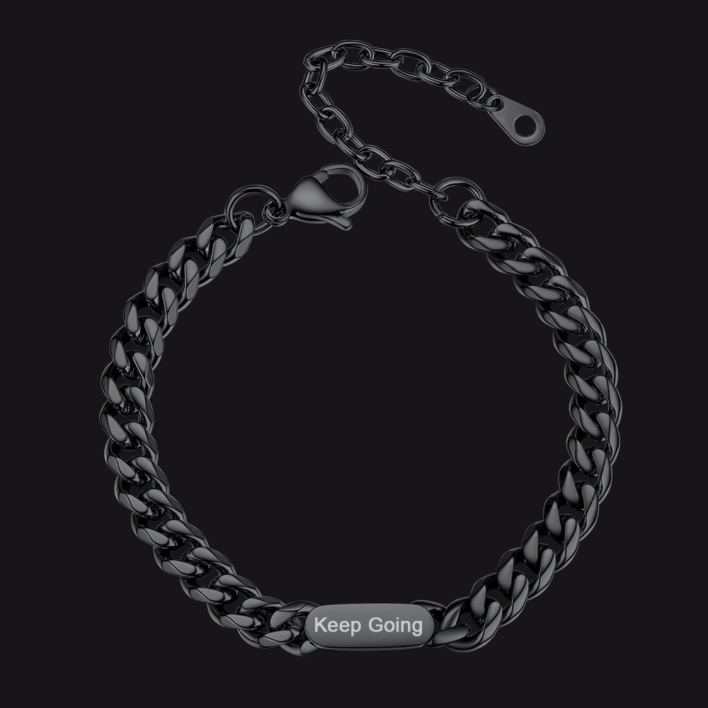 Black 7MM Engraved Cuban Link Chain Bracelet for Men and Women with Custom Name Plate
