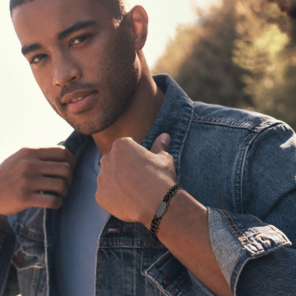 Black Bracelet on Male Model Wrist with Casual Streetwear Look