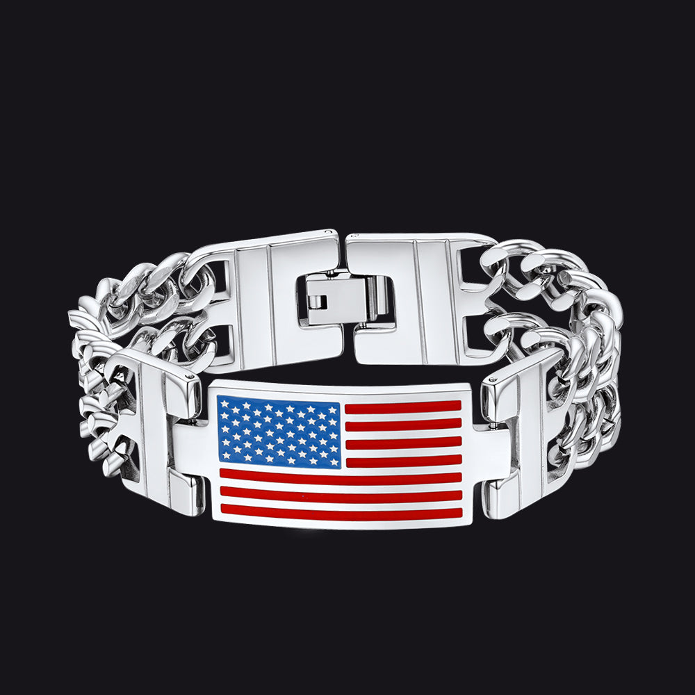 FaithHeart American Flag Bracelet Independence Day Patriot Jewelry Cuban Link Chain FaithHeart