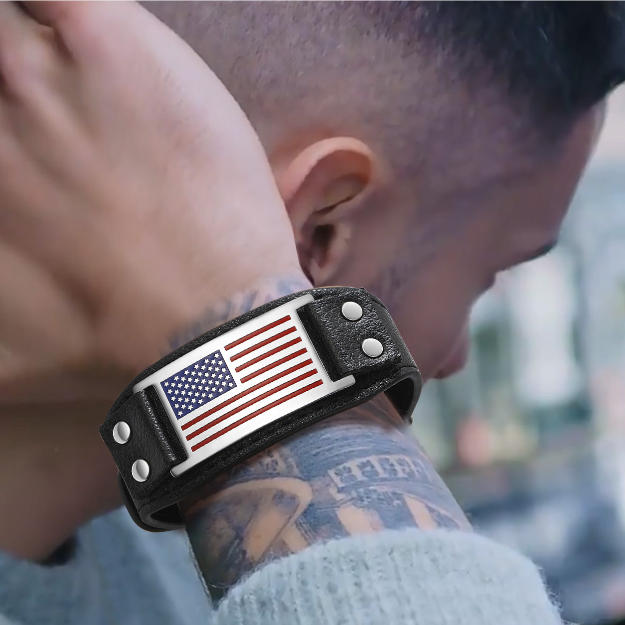 4th of July American Flag Bracelet Black Leather Wristband for Men FaithHeart