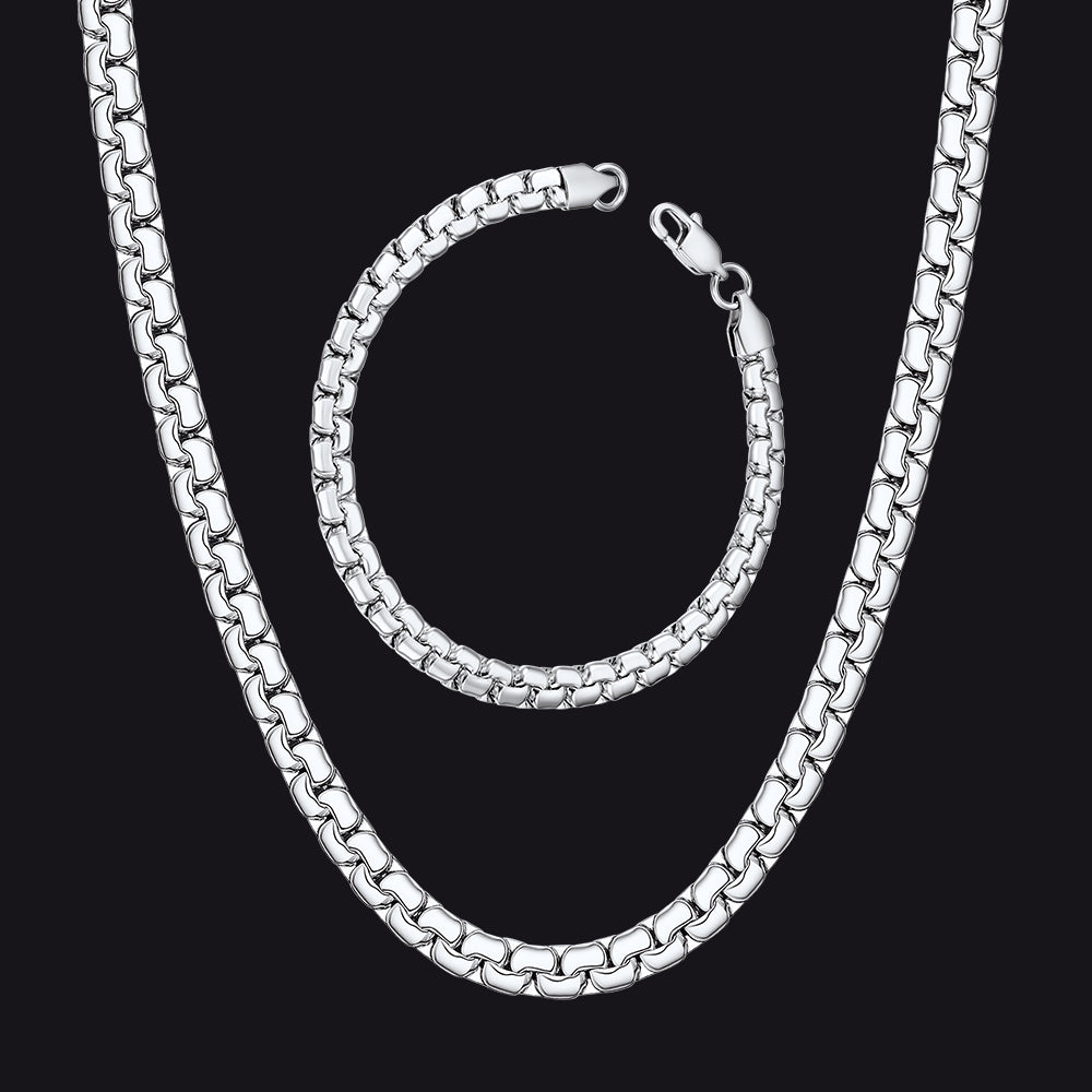 Steel Flat Box Link Chain and Bracelet Set for Men – 6mm & 4mm