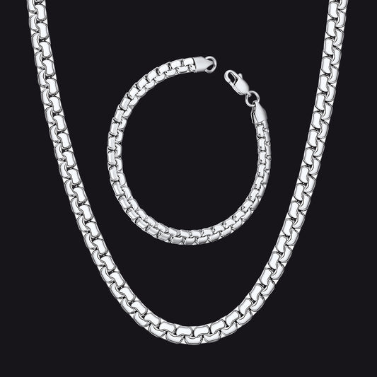 Steel Flat Box Link Chain and Bracelet Set for Men – 6mm & 4mmimg