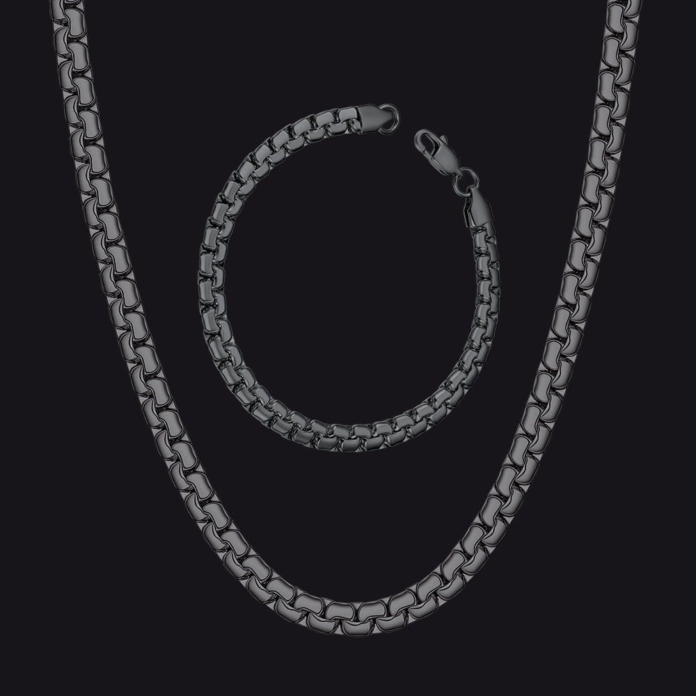 Matte Black Flat Box Link Chain & Bracelet Set for Men – 6mm & 4mm
