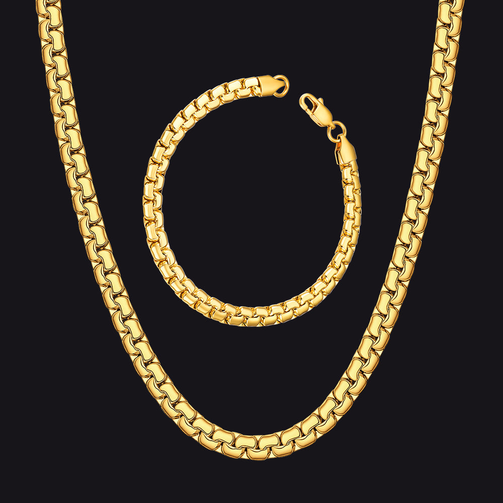 Gold Flat Box Chain and Bracelet Set for Men – 6mm Necklace, 4mm Bracelet