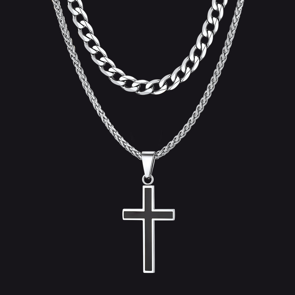 Cuban Chain & Enamel Cross Necklace Layered Necklaces Set for Men