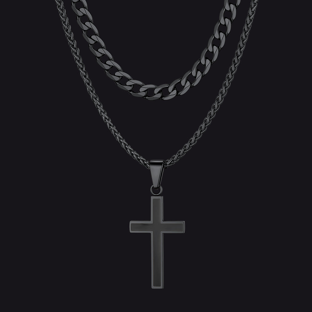 Cuban Chain & Enamel Cross Necklace Layered Necklaces Set for Men