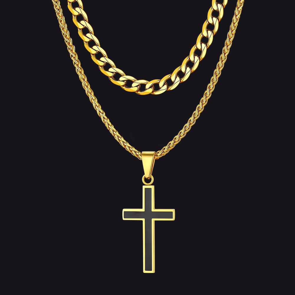 Cuban Chain & Enamel Cross Necklace Layered Necklaces Set for Men