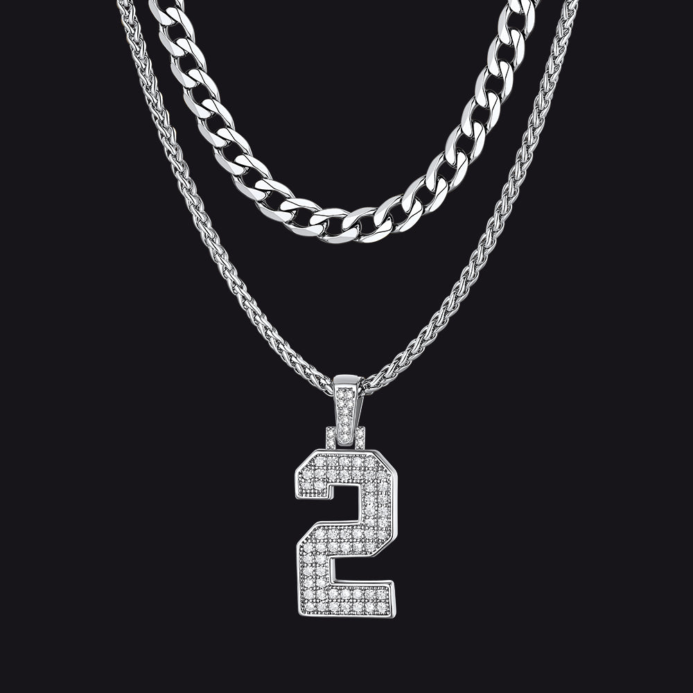 Cuban Chain & CZ Baseball Jersey Number Necklace Layered Set for Men