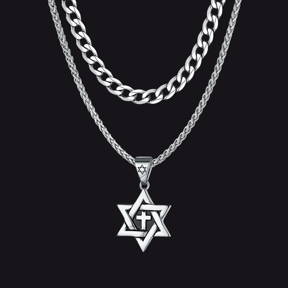 Silver Cuban chain Jewish Star of David and Christian cross jewelry