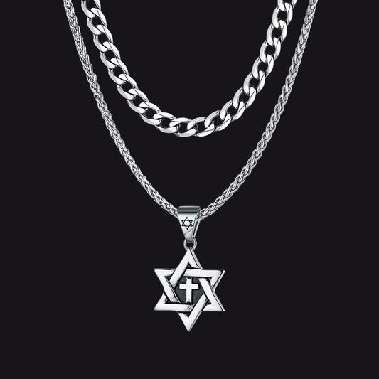 Silver Cuban chain Jewish Star of David and Christian cross jewelryimg