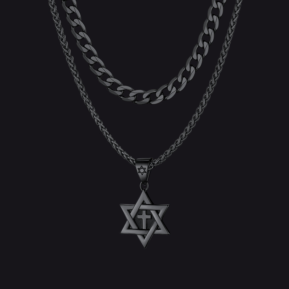 Black Cuban chain necklace with Star of David and cross pendants for men