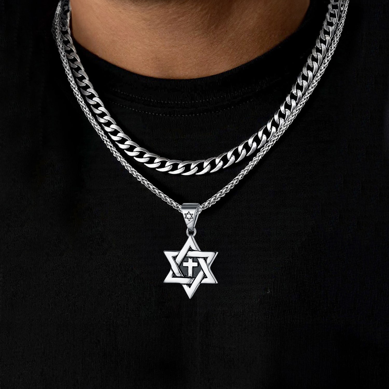 Men’s layered Cuban chain necklace with religious symbols