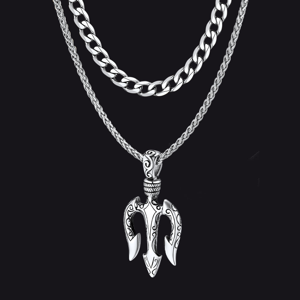 Cuban Chain & Poseidon Trident Layered Necklaces Set for Men