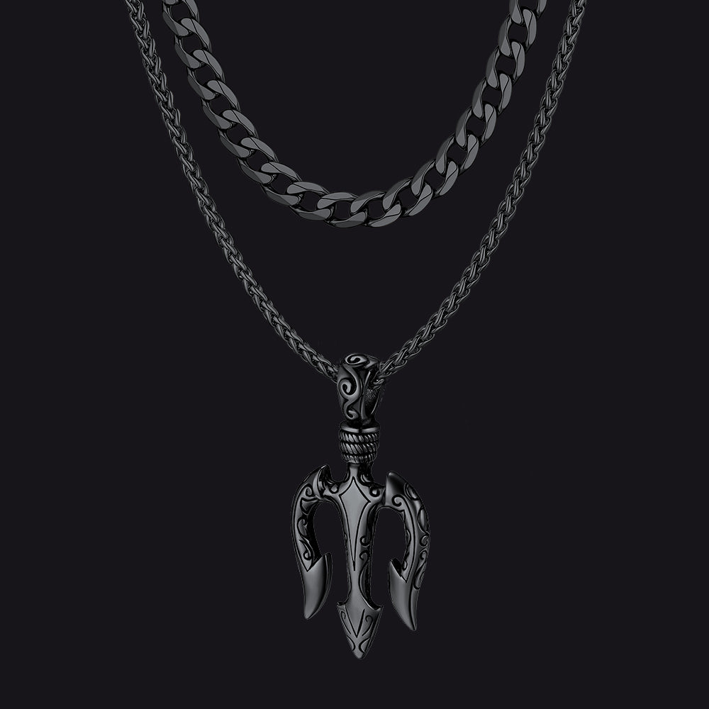 Cuban Chain & Poseidon Trident Layered Necklaces Set for Men