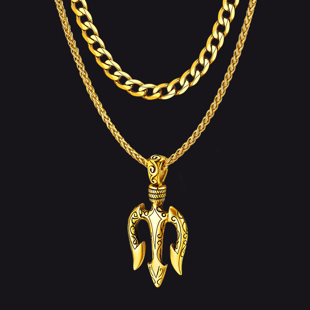 Cuban Chain & Poseidon Trident Layered Necklaces Set for Men
