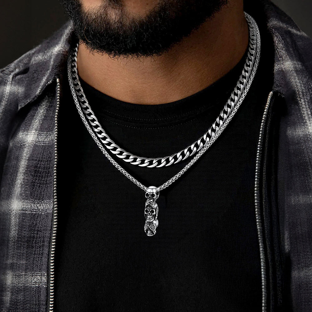 Men’s stainless steel gothic skull layered necklace with Cuban chain