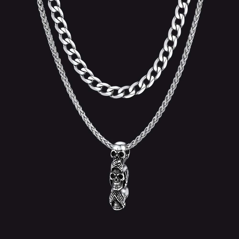 Cuban curb chain and layered skull necklace set for men