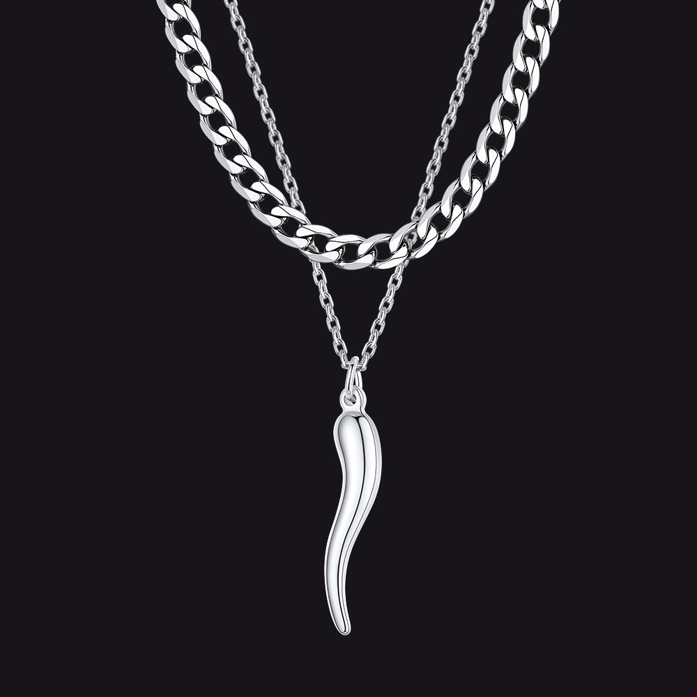 Cuban chain and Italian horn layered necklace set for men