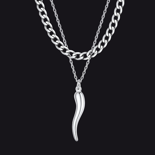 Cuban chain and Italian horn layered necklace set for menimg