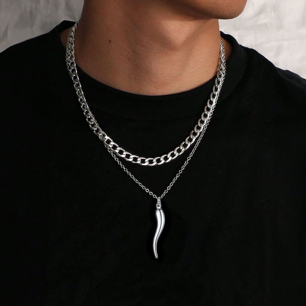 Men wearing protective amulet necklace with Cuban curb chain