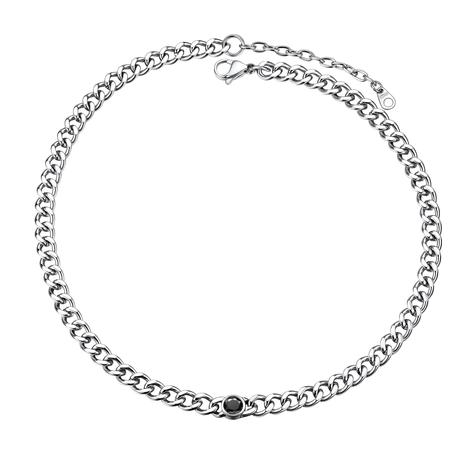 black stone Cuban chain necklace in silver stainless steel