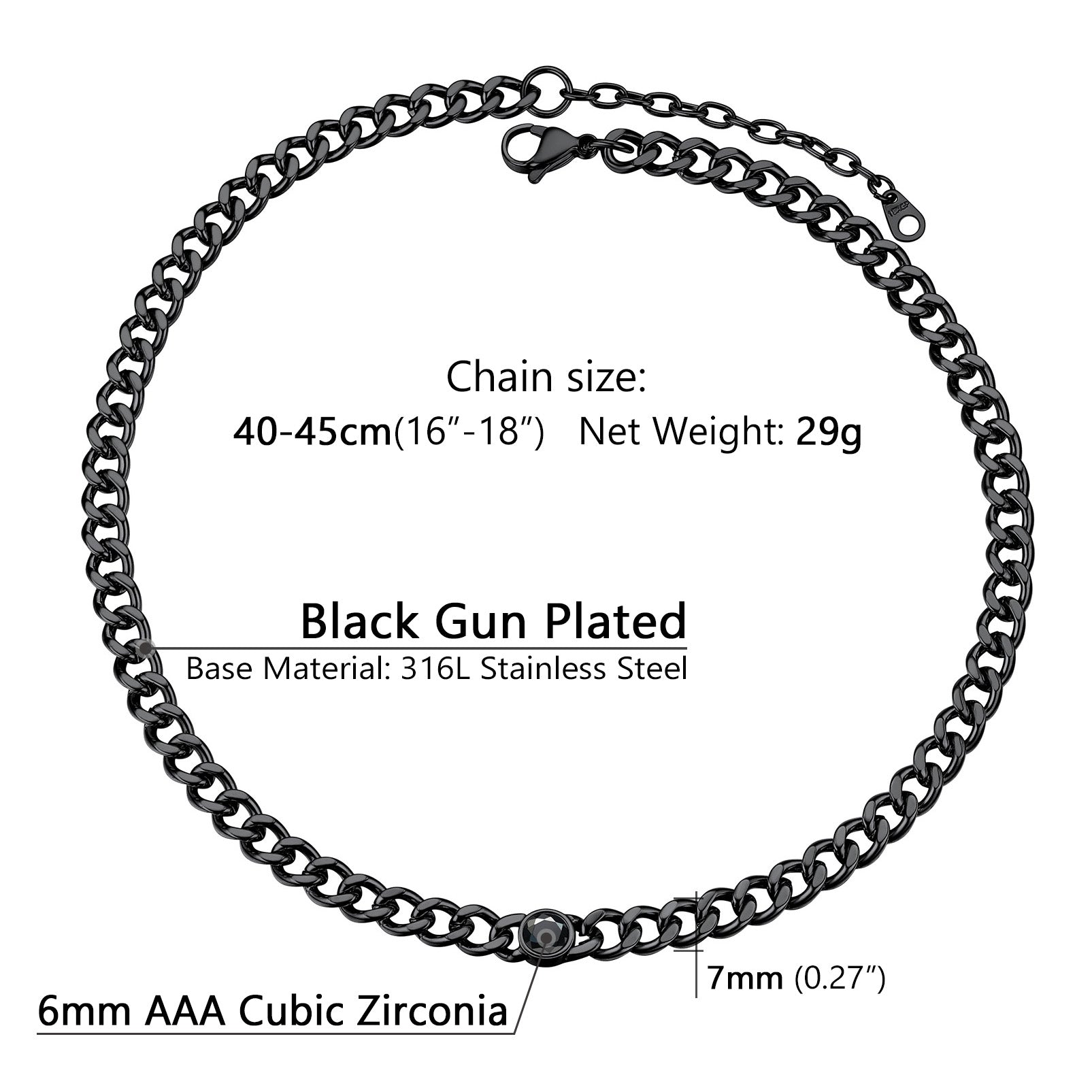 Size guide and chain thickness reference for 8mm Cuban link necklace with birthstone