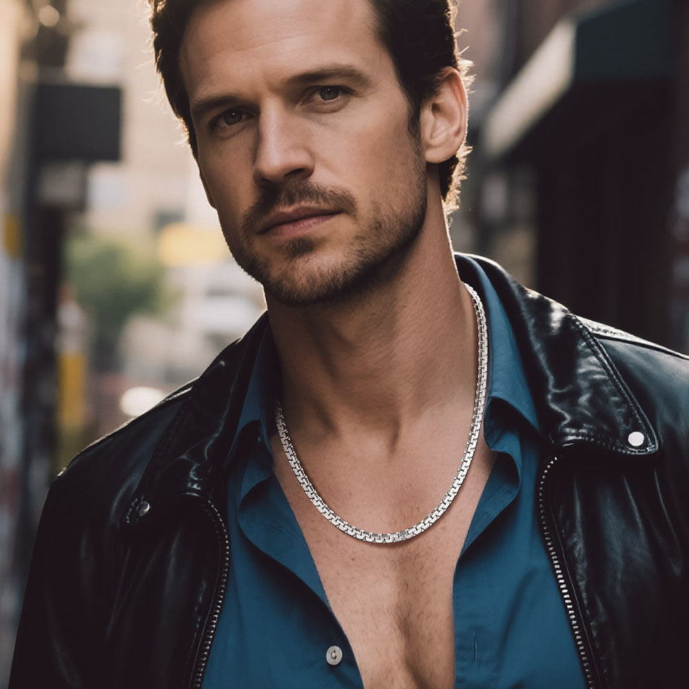 Male model wearing 6mm steel flat box chain necklace