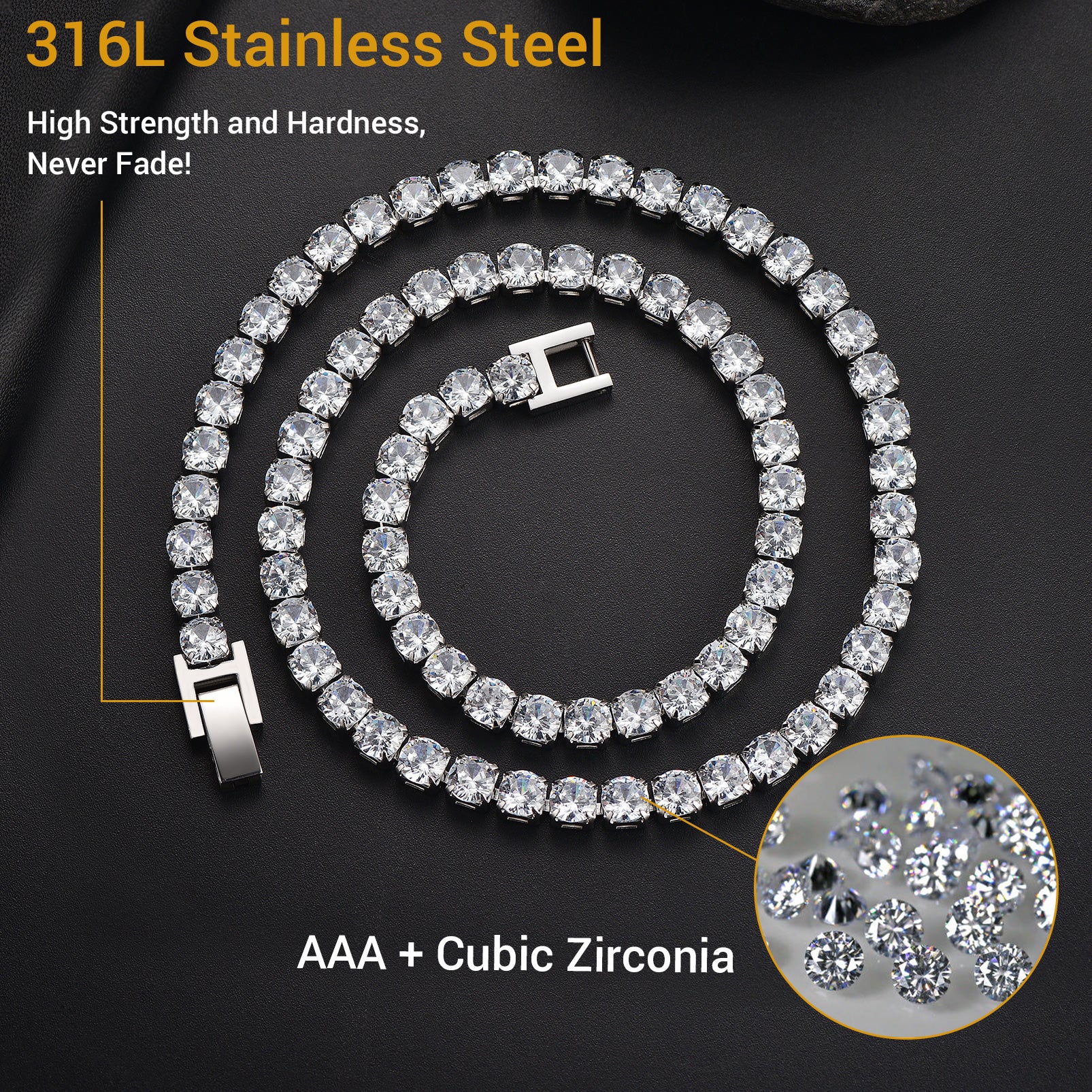 CZ Diamond Tennis Chain Necklace. 316L Stainless Steel