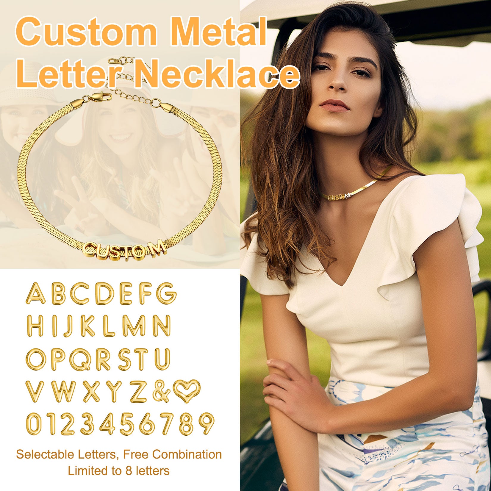 Woman wearing a gold 'CUSTOM' necklace with customizable letter options.