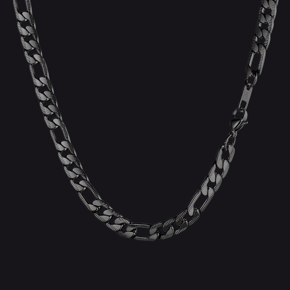 7mm black stainless steel Figaro link chain necklace with sleek finish