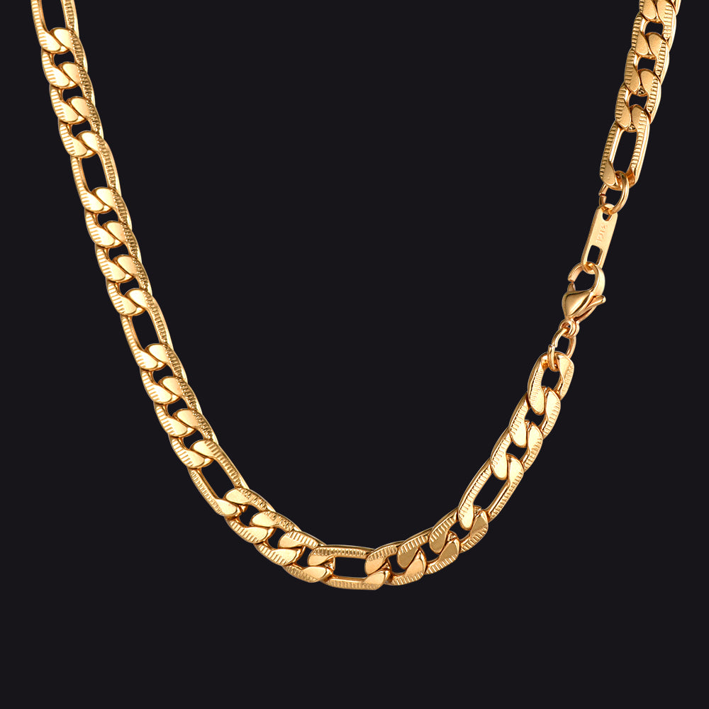 7mm gold plated stainless steel Figaro chain necklace, unisex design