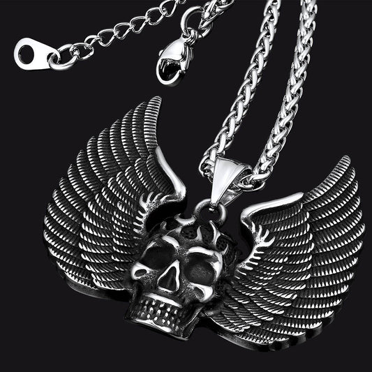 FaithHeart Vintage Skull Wings Pendant Necklace Stainless Steel Gothic Jewelry FaithHeartimg