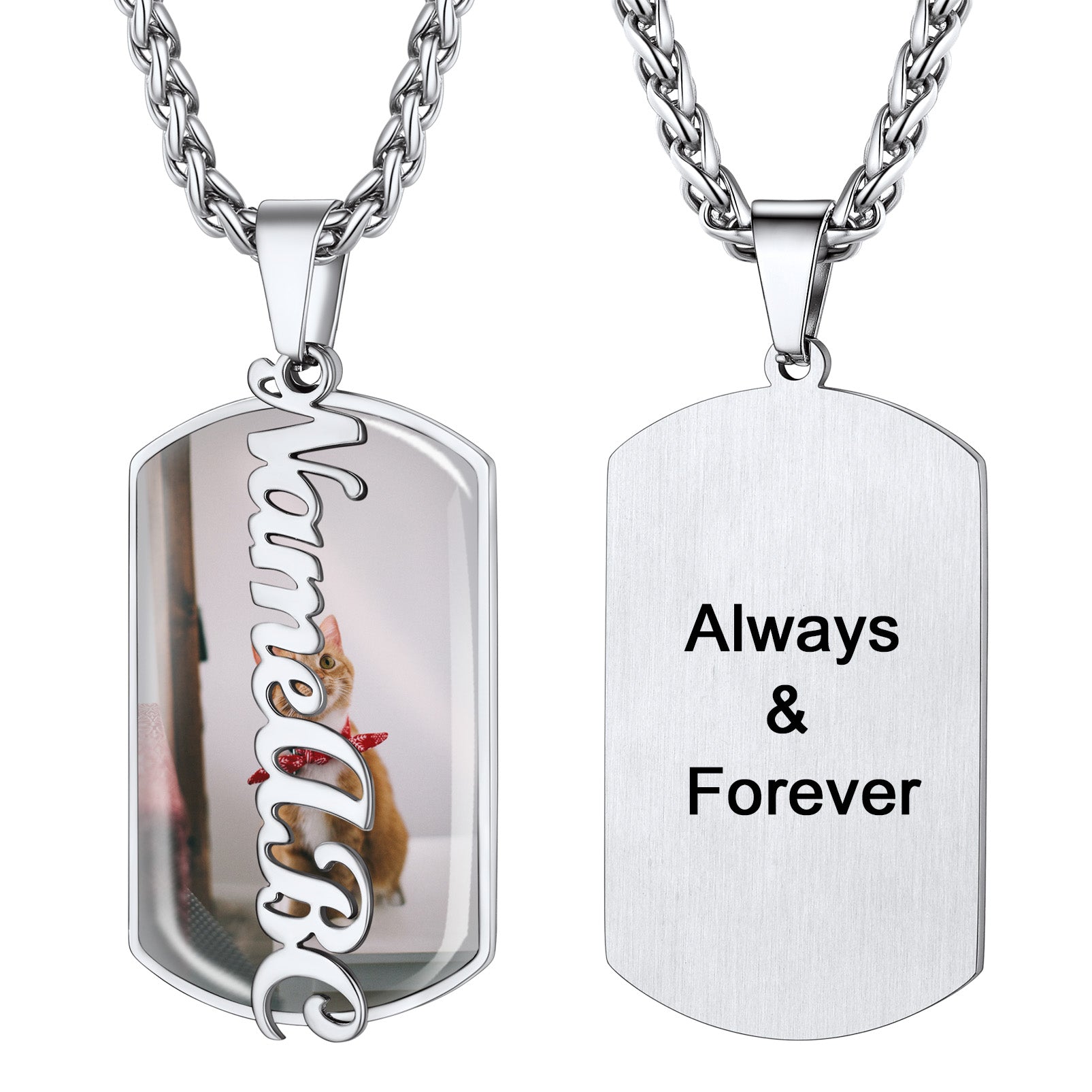 Custom photo memorial necklace with cat picture, Always & Forever engraved