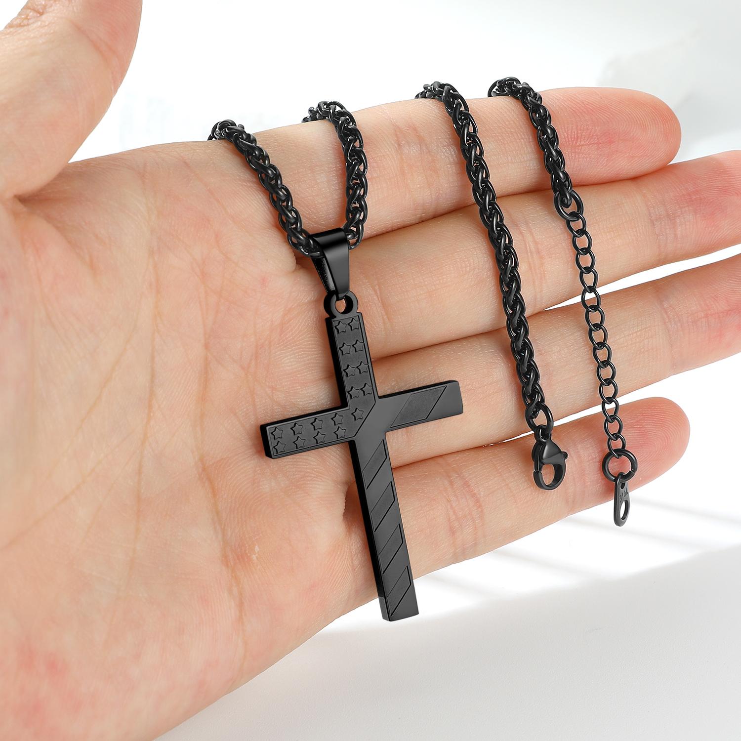 Black Stainless Steel American Flag Cross Pendant Necklace for Men and Women