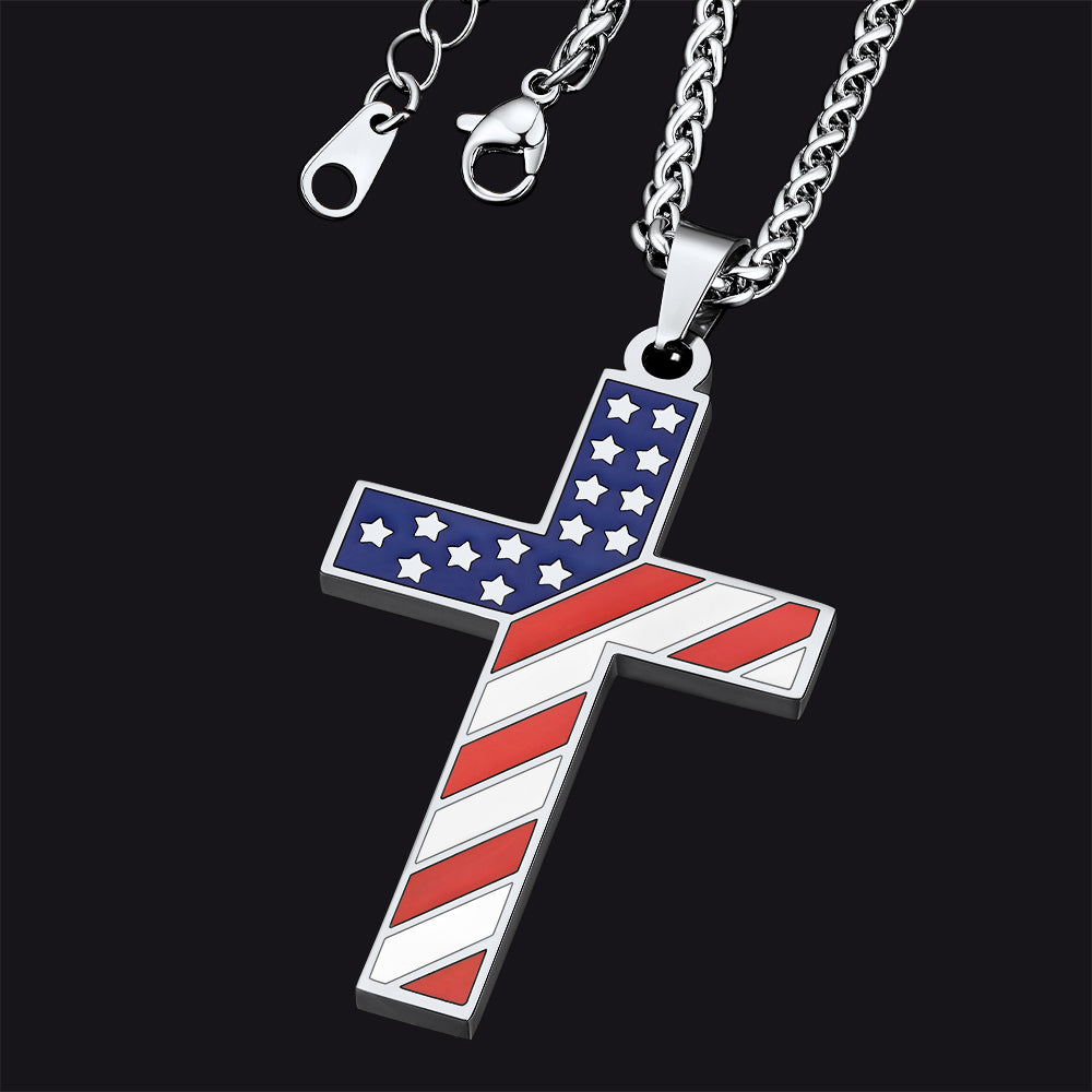 American Flag Patriotic Cross Pendant Necklace Religious Jewelry for Men