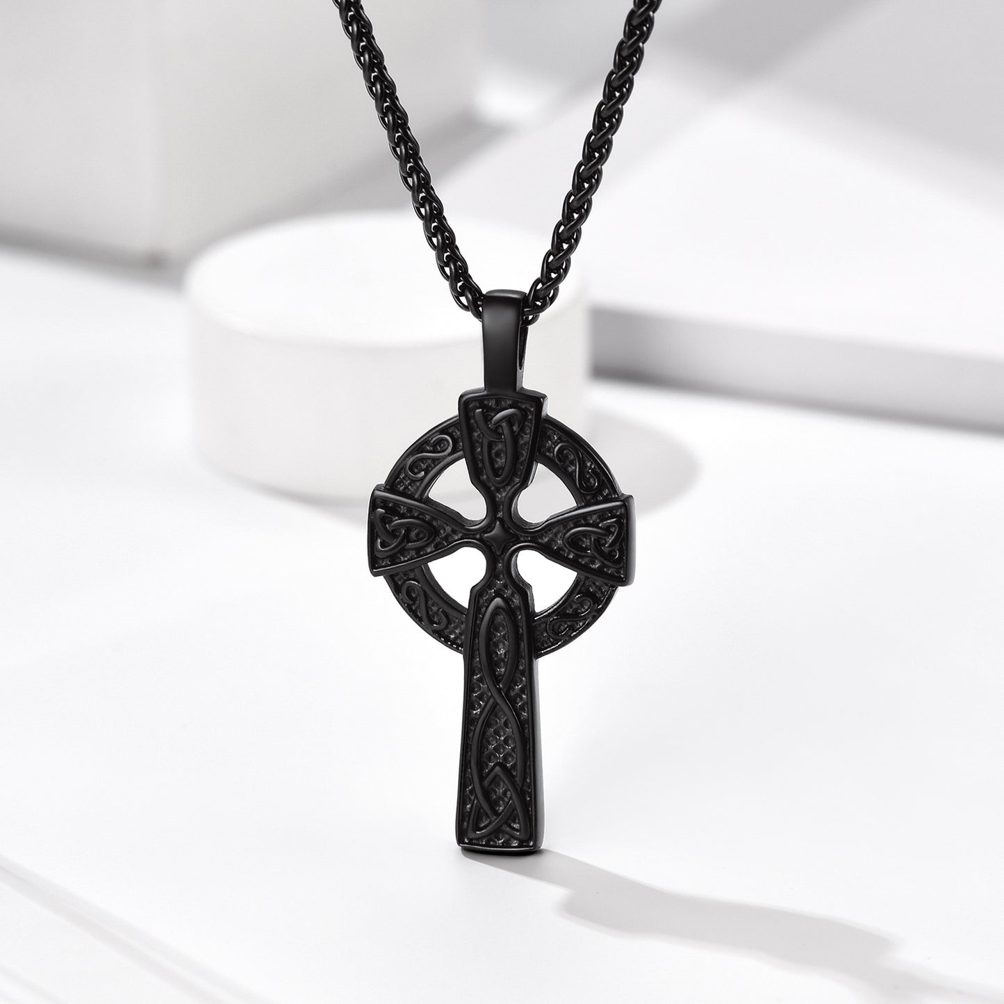 Black Celtic Cross Necklace for Men - Irish Knot Pendant