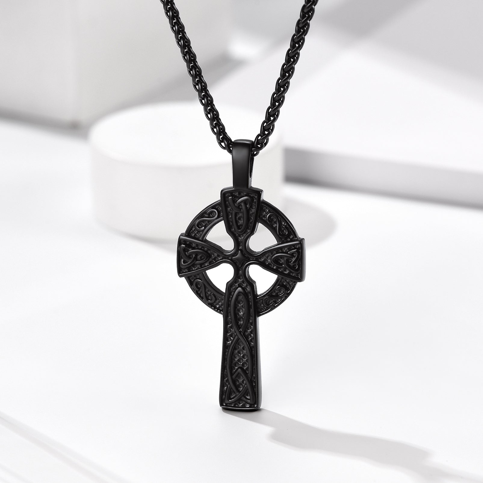 Black Celtic Cross Necklace for Men - Irish Knot Pendant