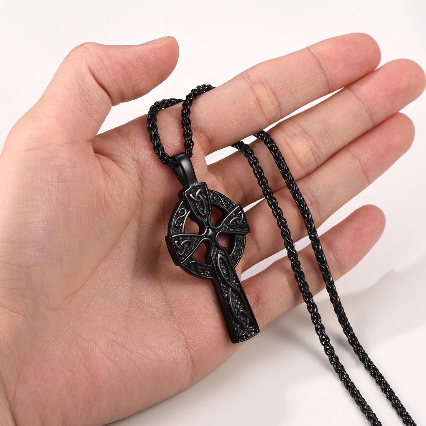Black Celtic cross necklace for men, Irish knot pendant.