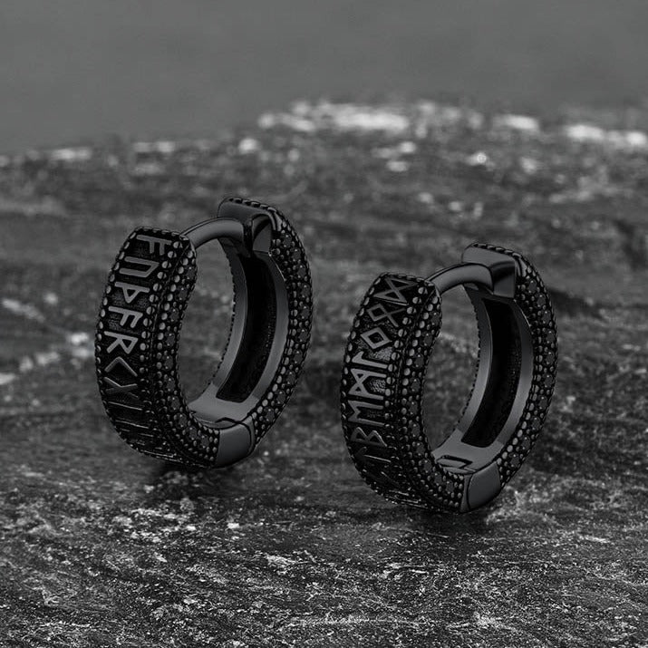 Black Viking rune hoop earrings, black zirconia, 925 sterling silver