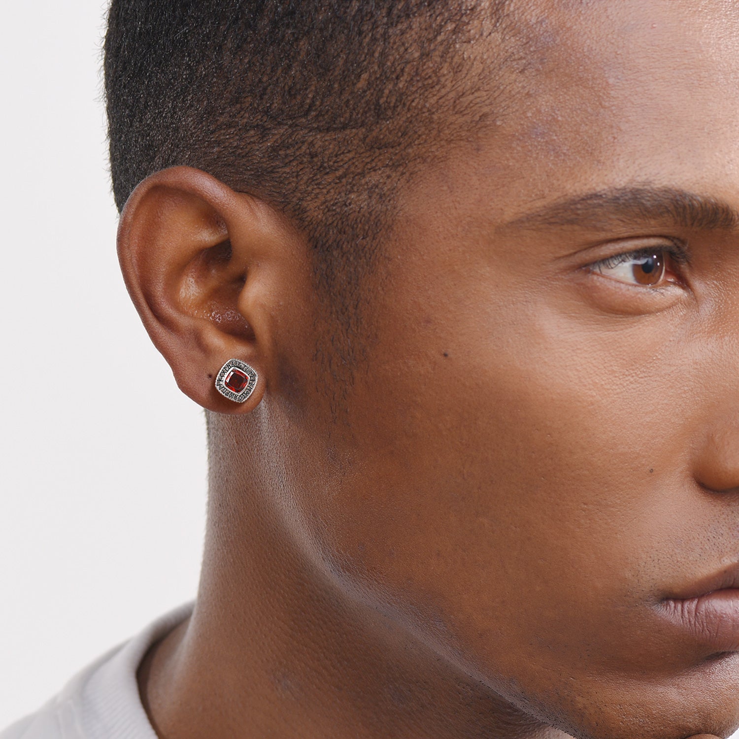 Sterling Silver Rune Square Stud Earring for Men with Red Gemstone