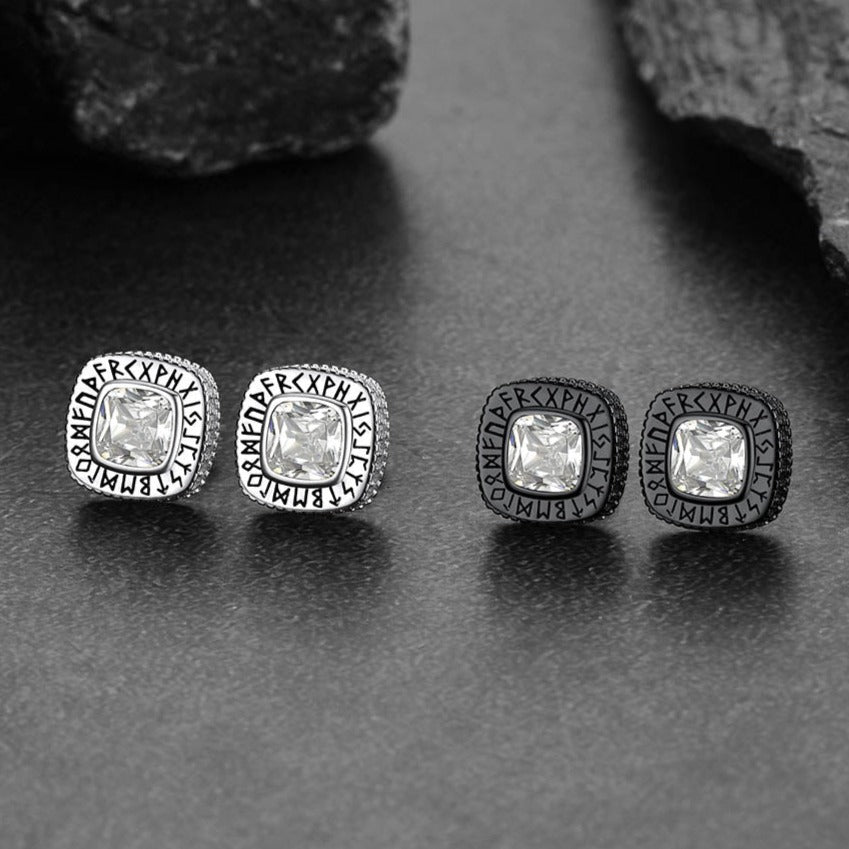 Sterling Silver Rune Stud Earrings for Men, Square Design