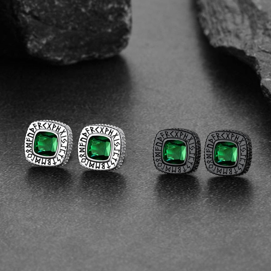 Sterling silver square stud earrings with green gemstone and rune engraving