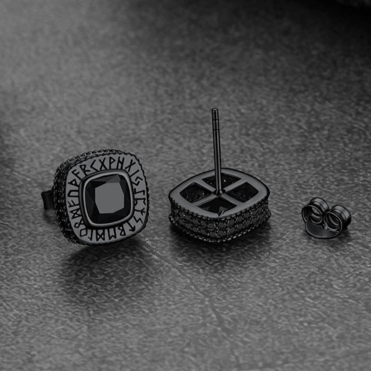Black Onyx Rune Stud Earrings for Men